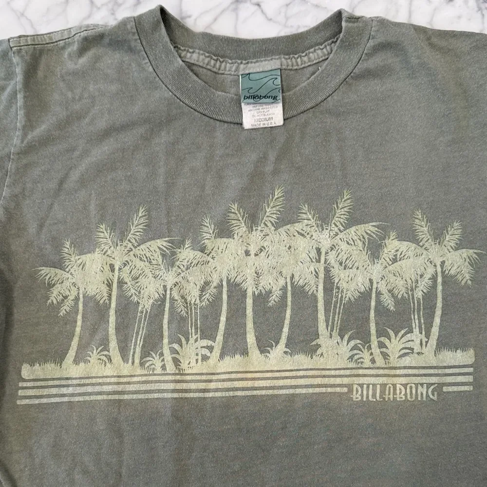 Vintage Billabong made in USA Kids Palm Tree Graphic Tee Green Youth M